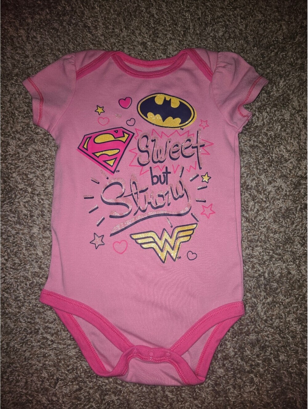 DC Comics Baby Girls Pink 'Sweet but Strong' Short Sleeve Bodysuit 24M